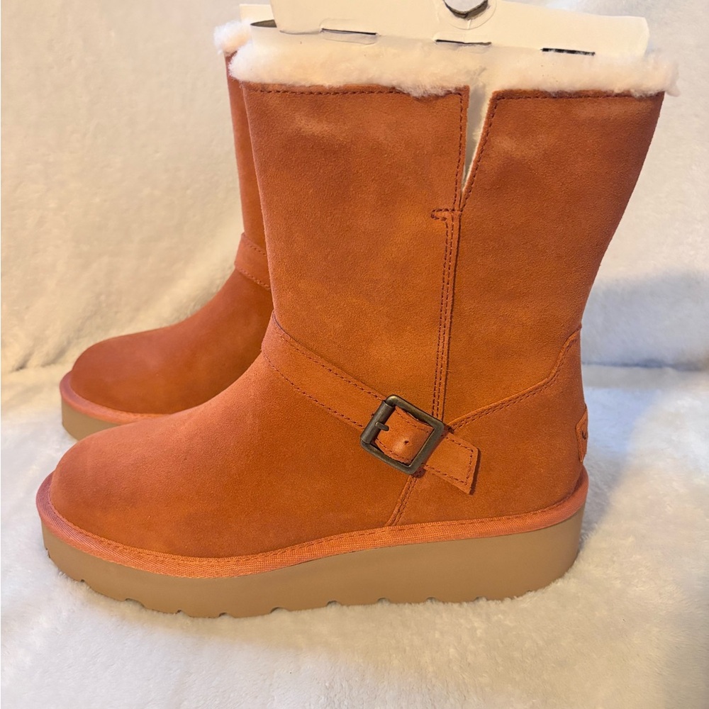 Koolaburra Orange Suede Shearling Mid-Calf Boots with Buckle NEW